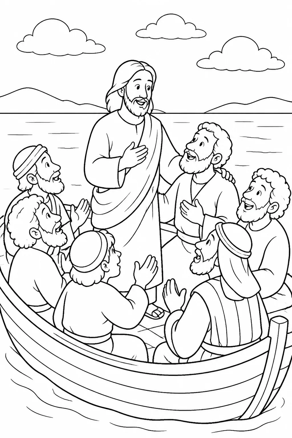 Jesus and Peter in a boat with the disciples worshiping as the wind ceases and the sea becomes calm.