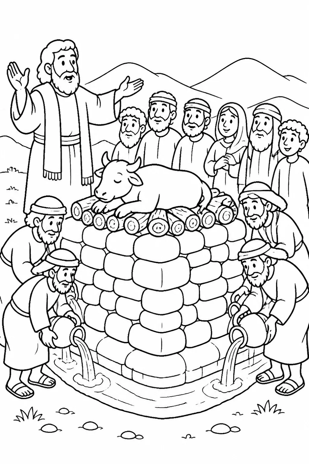 Elijah repairs the LORD’s altar with twelve stones while the people of Israel watch; wood and an offering are arranged, and water fills a trench.