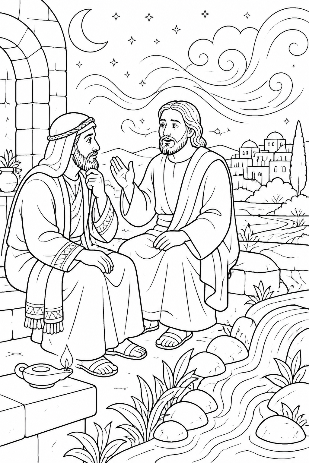 Jesus Teaches About New Birth from Jesus Teaches Nicodemus Bible coloring page