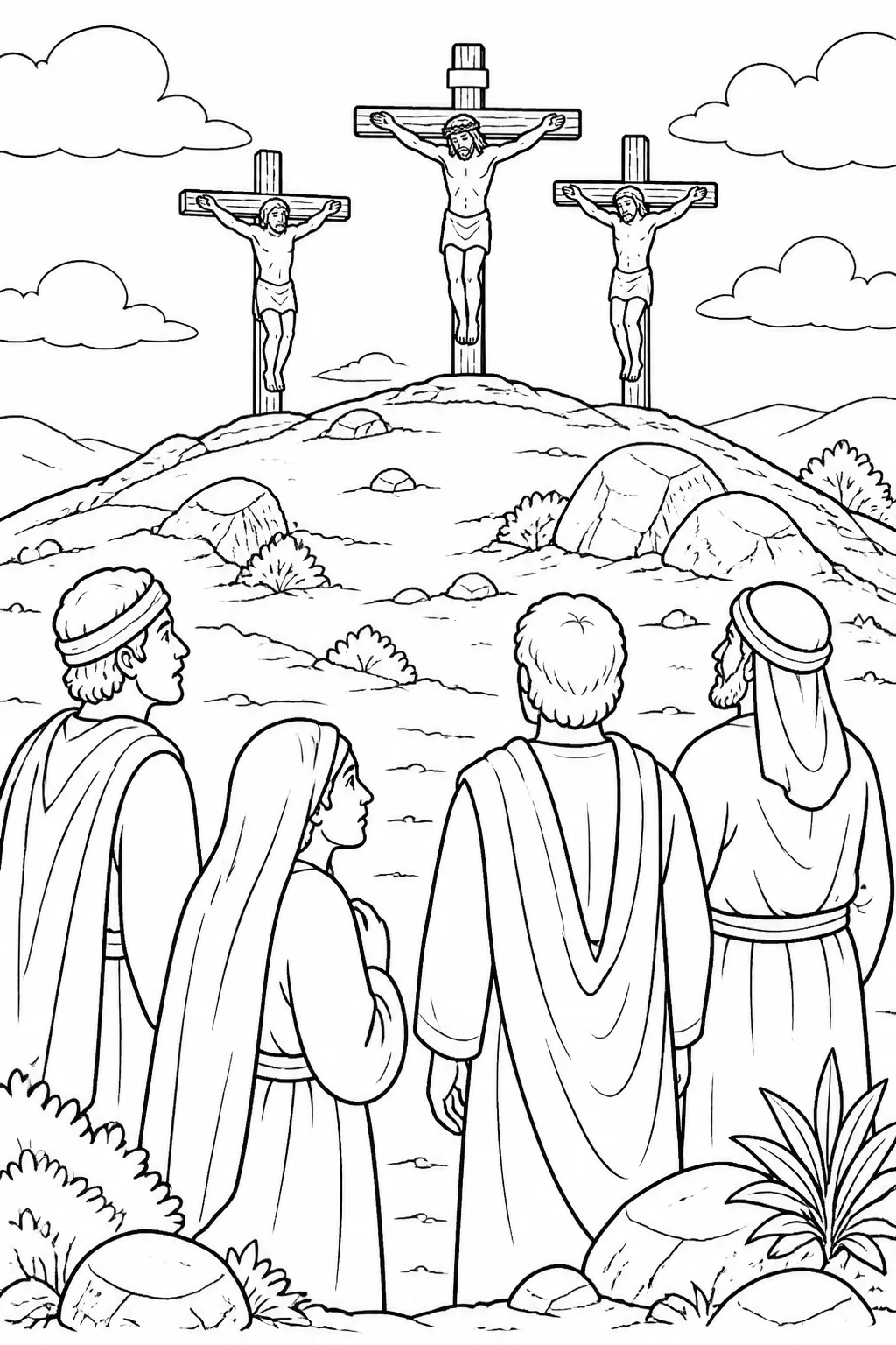 Symbolic scene of Jesus at the center of three crosses at the place called The Skull, with two unnamed criminals on either side.