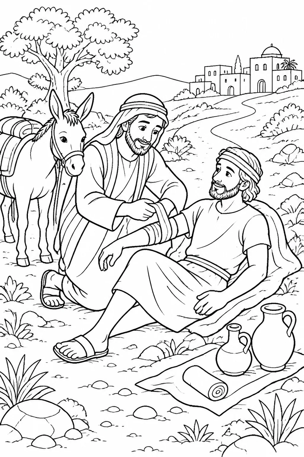 A Samaritan kneels beside a wounded traveler on the roadside, binding his wounds with bandages while oil and wine containers and the Samaritan’s animal are nearby.