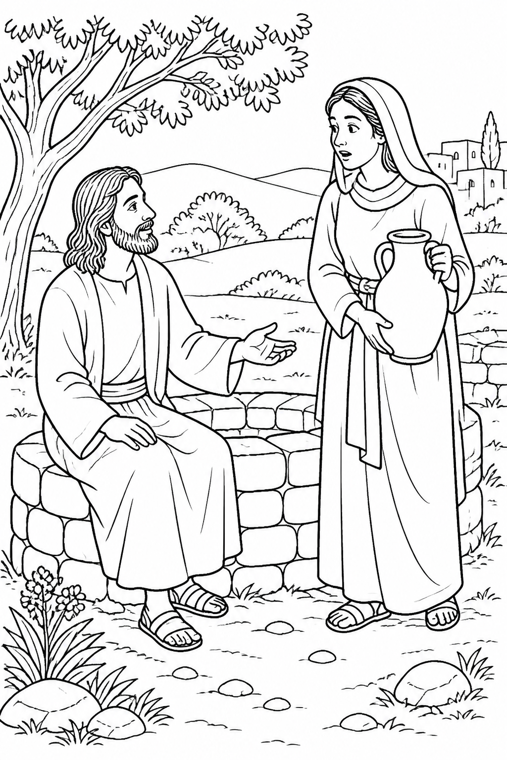 An Unexpected Request from Jesus and the Samaritan Woman Bible coloring page