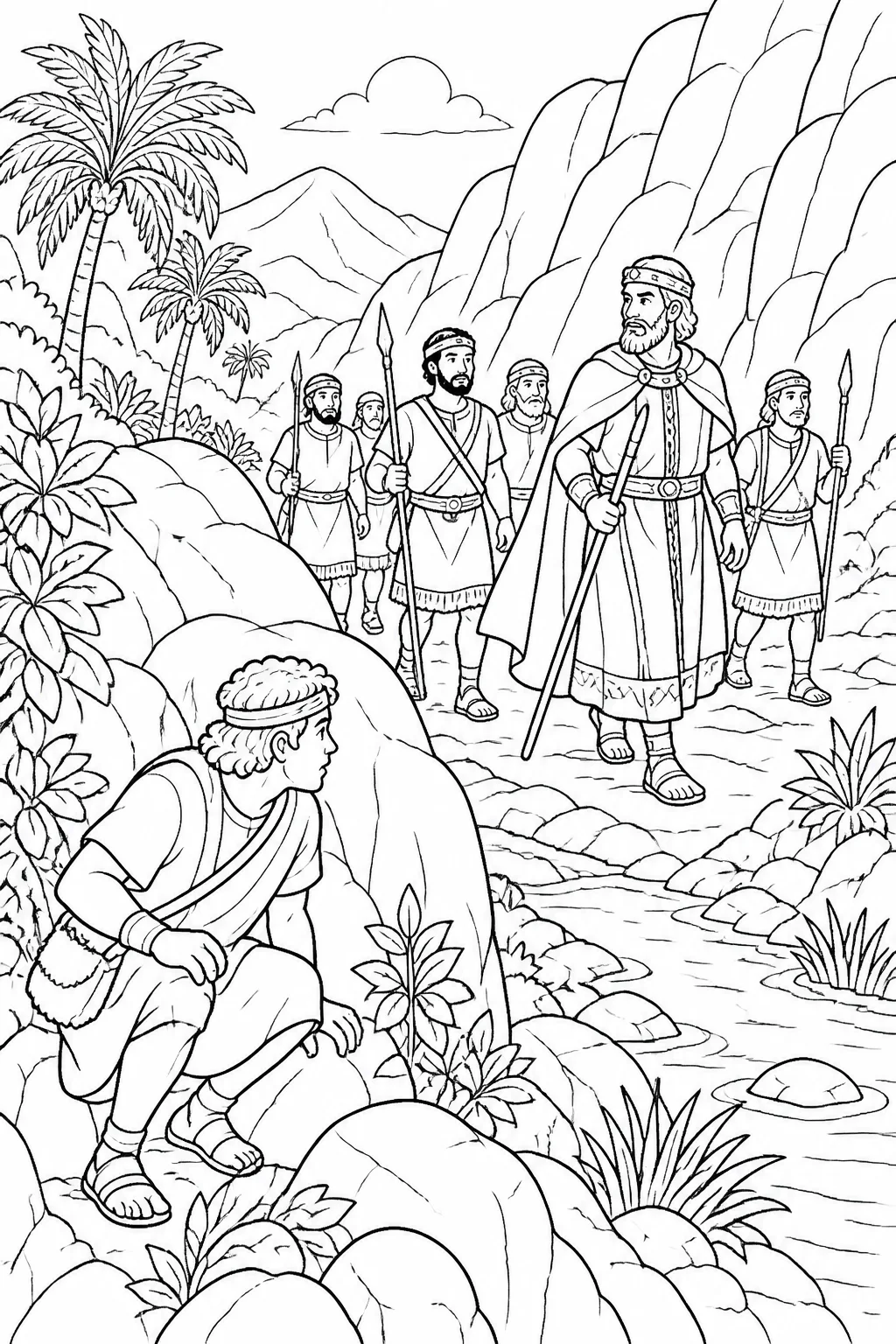 Child-friendly illustration concept of Saul and his chosen men traveling through the rocky wilderness of En-gedi while David’s hiding place is suggested nearby.