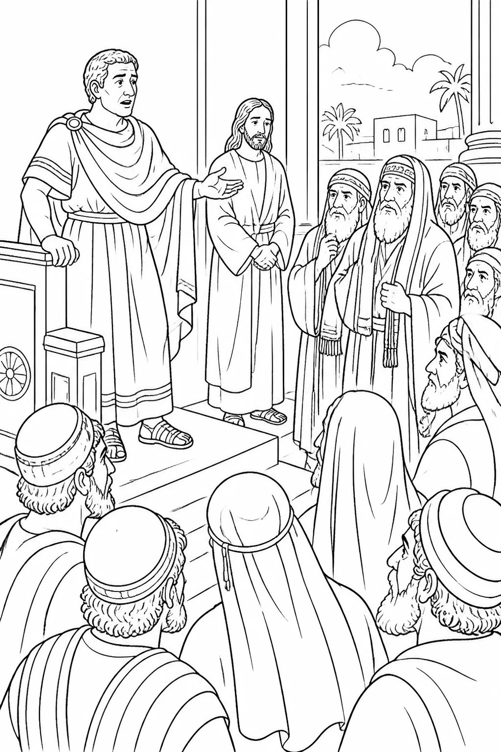 Pilate addresses the chief priests, rulers, and people while Jesus stands nearby, representing Luke 23:13–17 and Pilate’s statement that no guilt was found in Jesus.