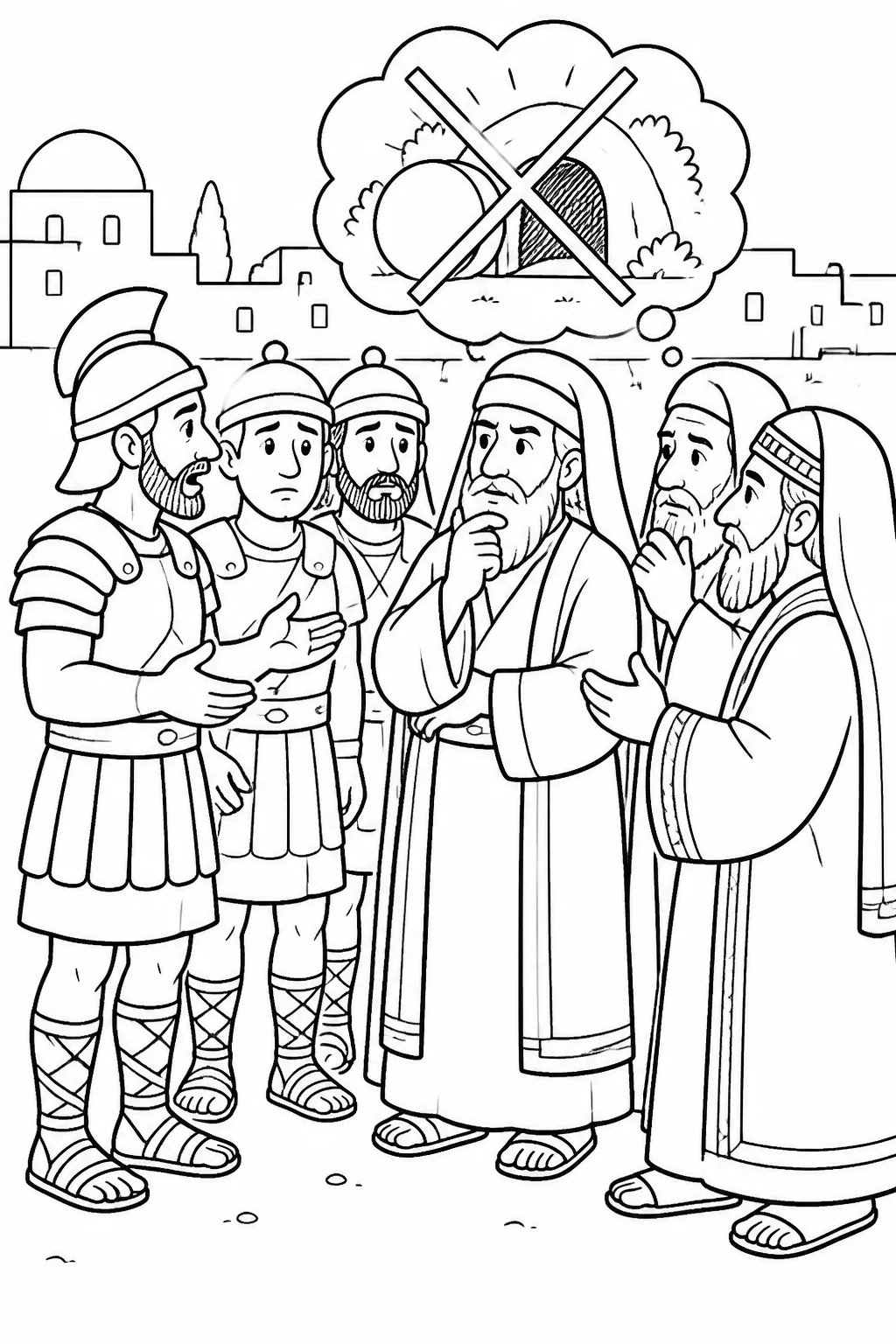 The guards report to the chief priests and elders in Jerusalem, who arrange a false explanation about Jesus’ missing body, as described in Matthew 28:11-15.