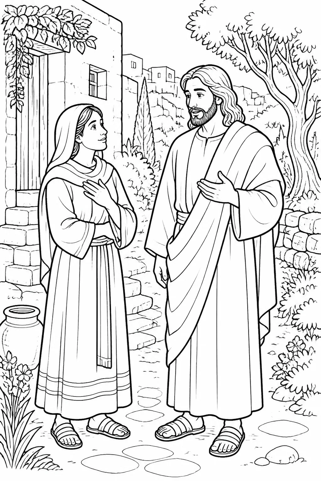 Jesus and Martha meet in Bethany while Jesus declares that he is the resurrection and the life, and Martha affirms her belief.