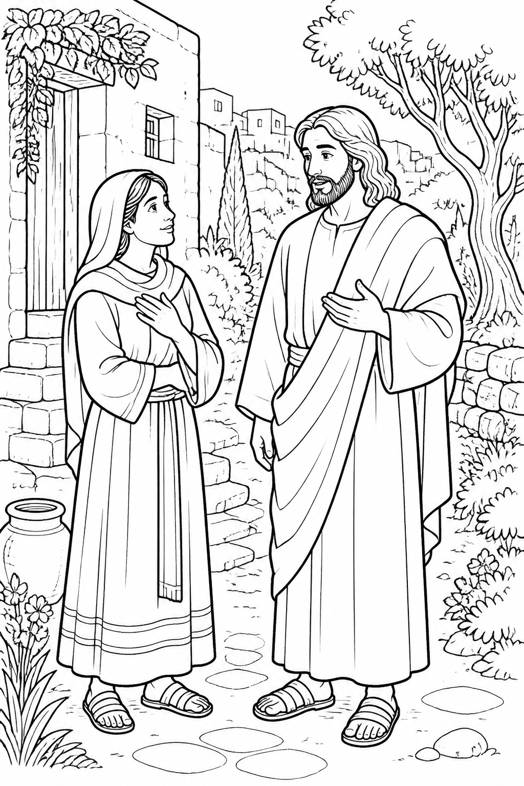 Martha Meets Jesus from Jesus Raises Lazarus Bible coloring page