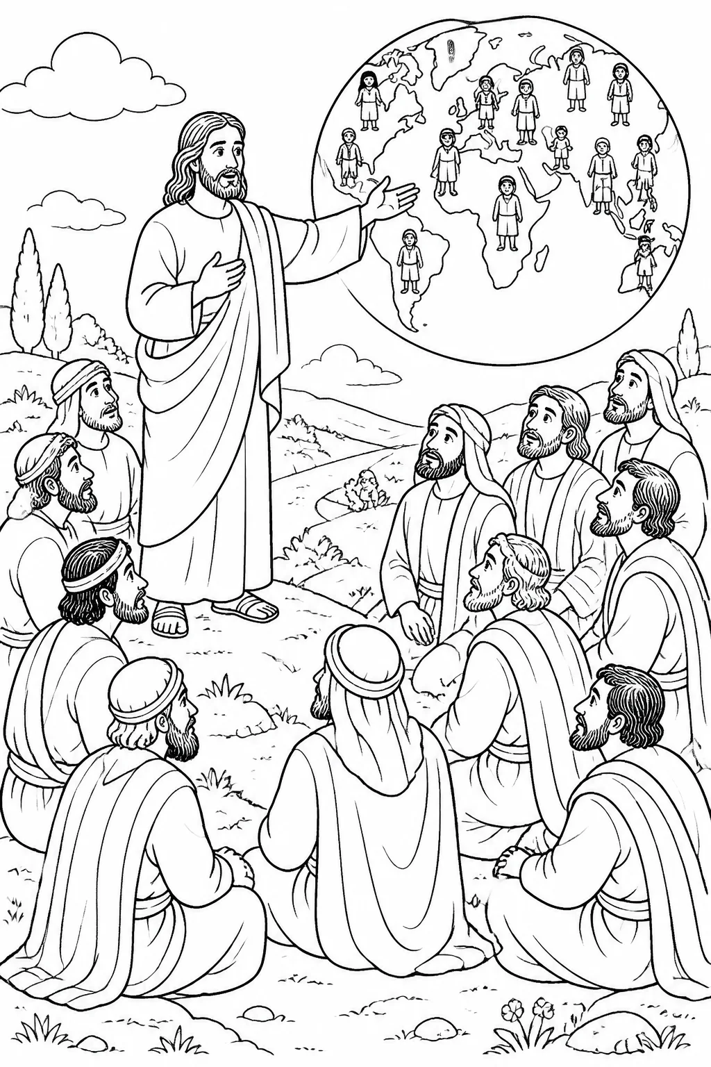 Jesus gestures outward while the eleven disciples listen on an unnamed mountain in Galilee, with a simple symbolic representation of all nations.