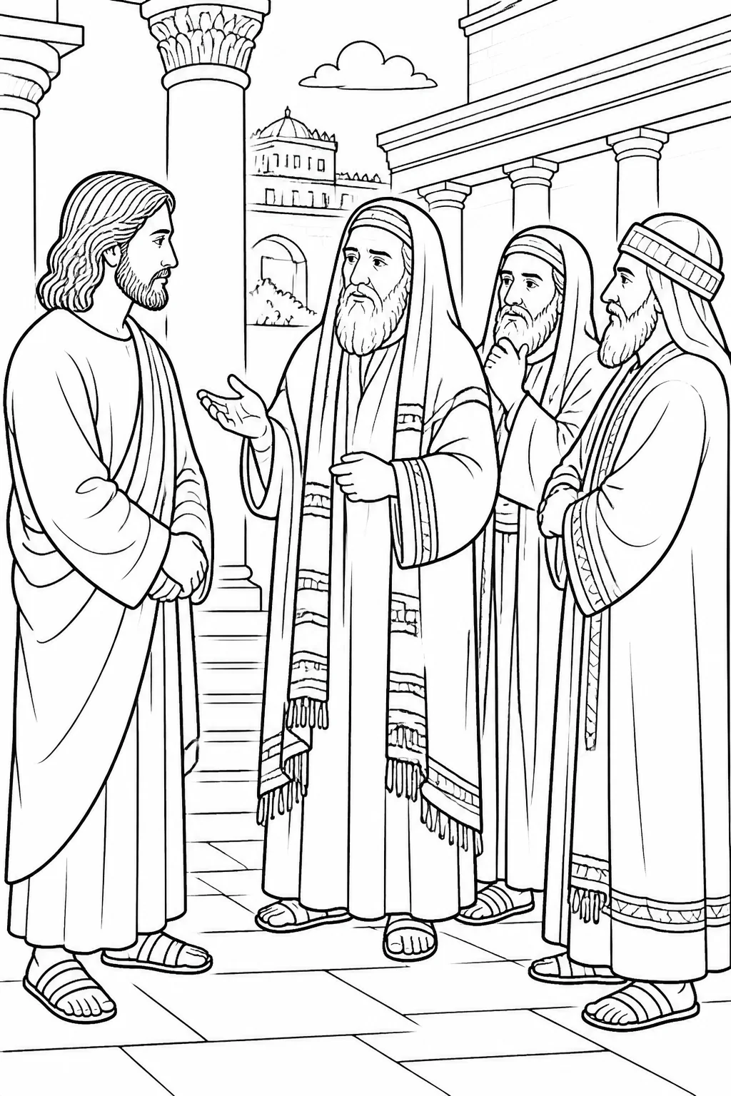 Jesus and Jewish leaders in the temple during a serious exchange about what sign Jesus can show for doing these things.