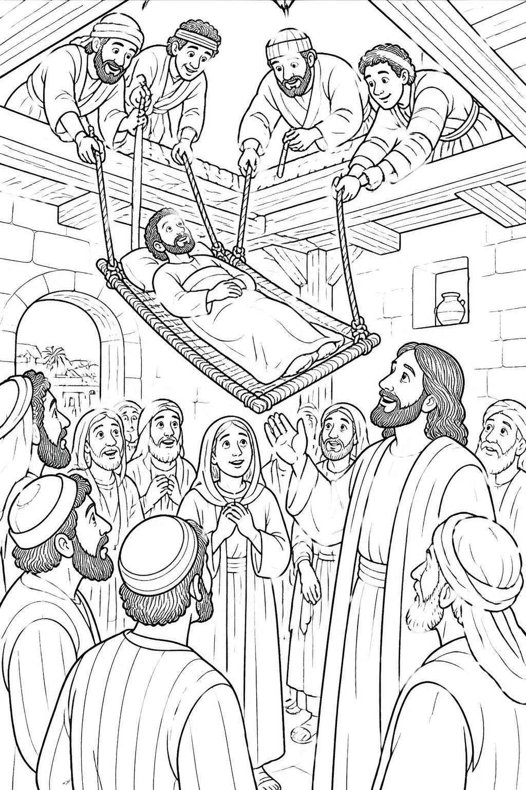 Jesus and a gathered crowd watch as four unnamed friends lower a paralyzed man on a mat through an opened roof.