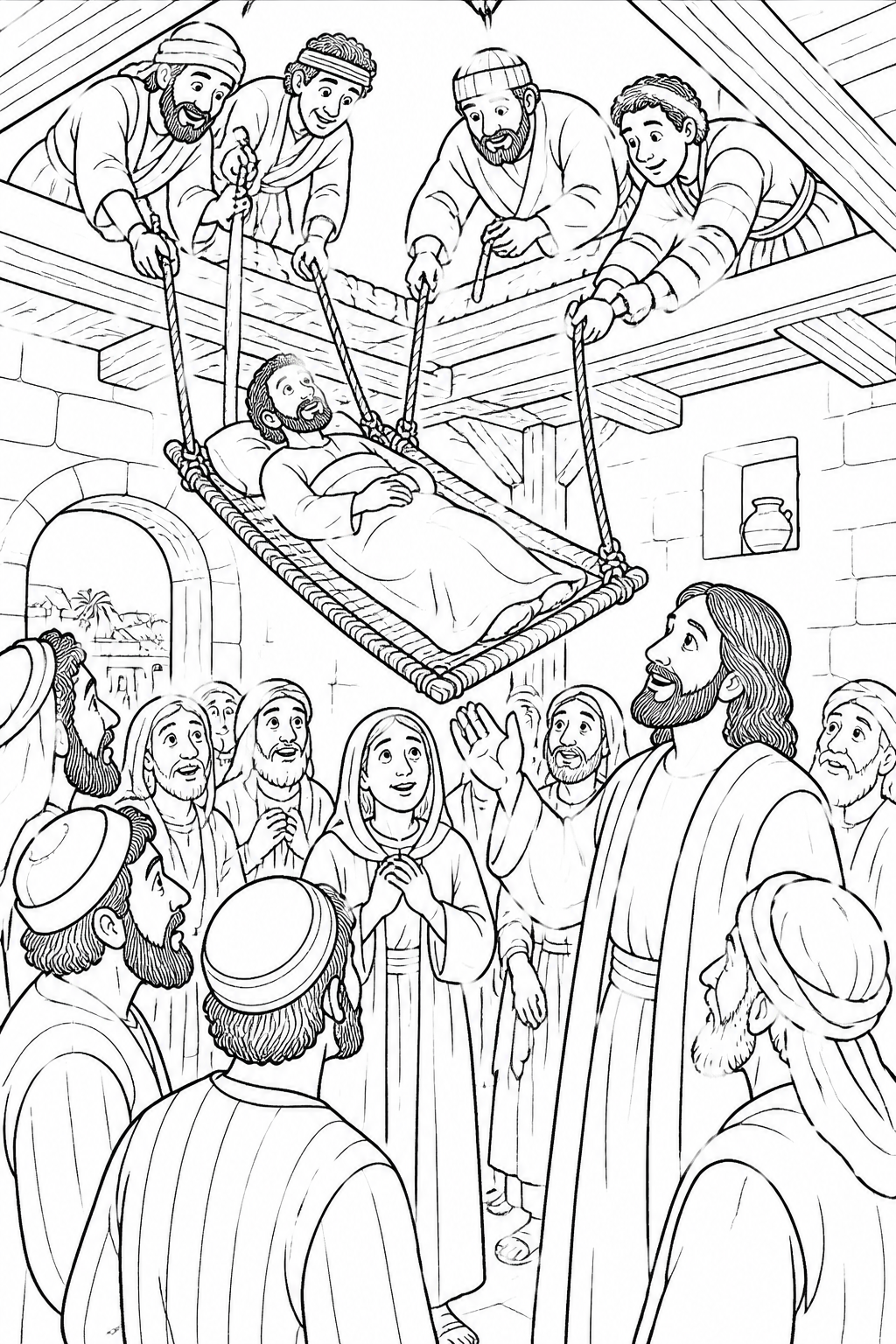 Friends Bring Their Friend to Jesus from Jesus Heals a Paralyzed Man Bible coloring page