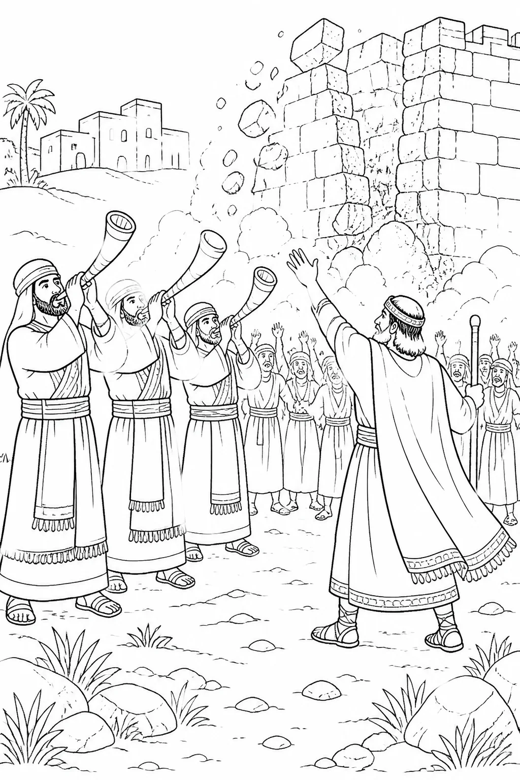 Joshua, the priests, and the people of Israel at Jericho’s wall during the seventh circuit, with trumpets sounding and the people shouting as the wall falls.