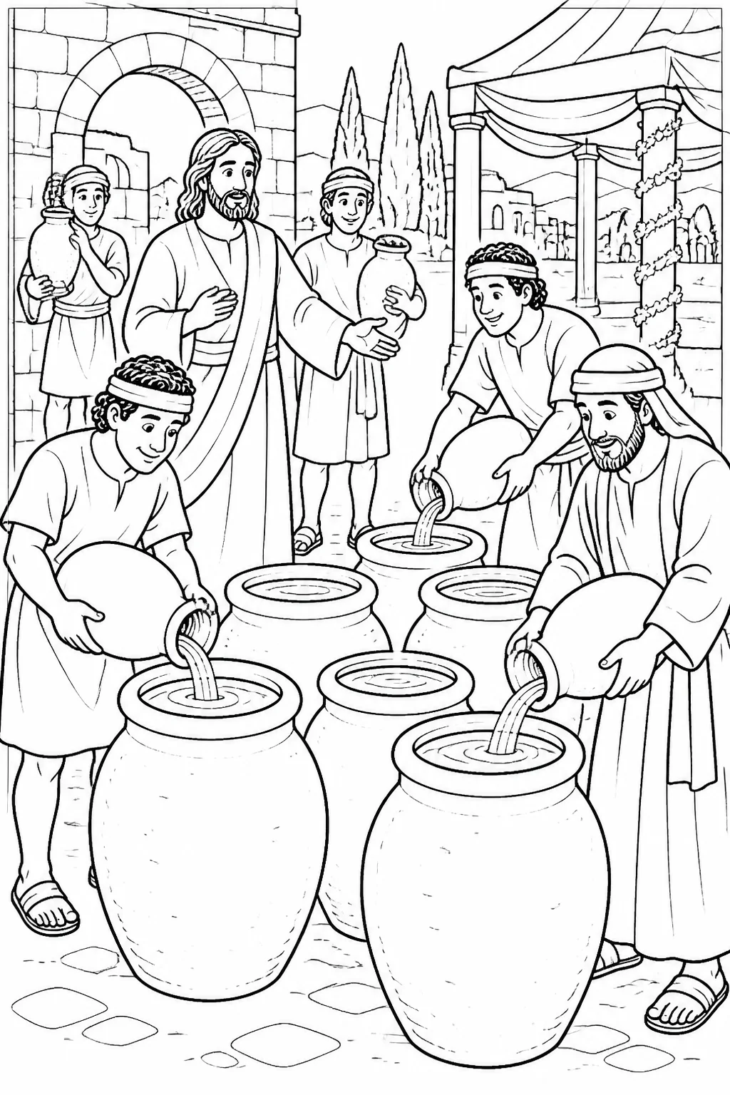 Jesus directs several servants to fill six large stone purification jars with water at a wedding setting in Cana.
