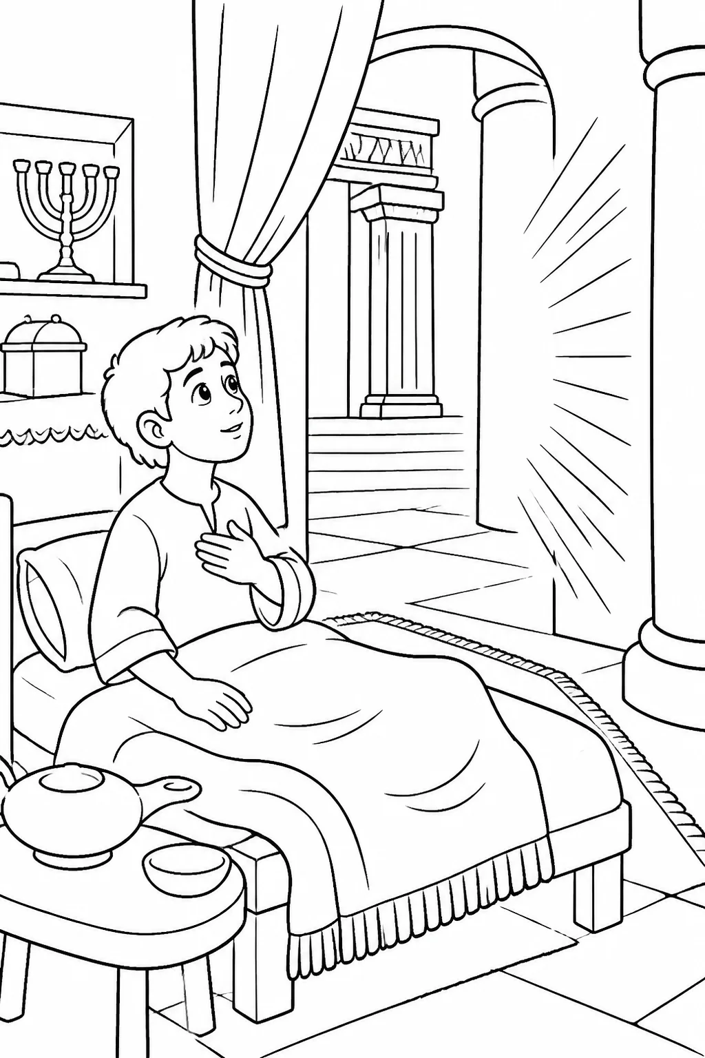 Samuel listening reverently in the LORD’s temple as the LORD calls him and gives a serious message, based on 1 Samuel 3:10-14.