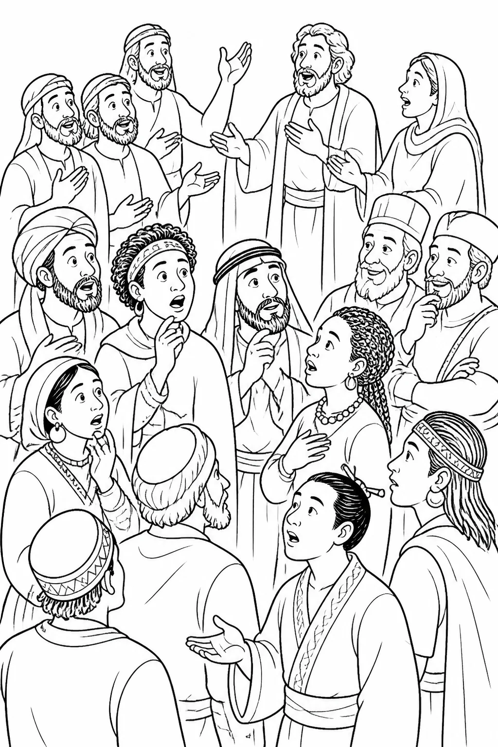 A multicultural crowd in Jerusalem hears believers speaking in many languages about God’s mighty works; some listeners look amazed or puzzled while a few mock them gently.