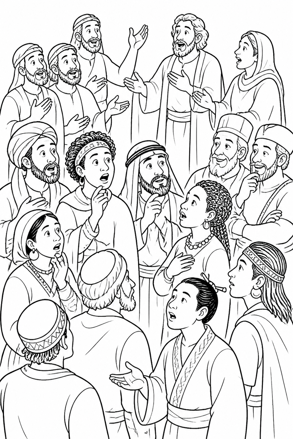 Many People Hear God’s Mighty Works from The Holy Spirit Comes at Pentecost Bible coloring page