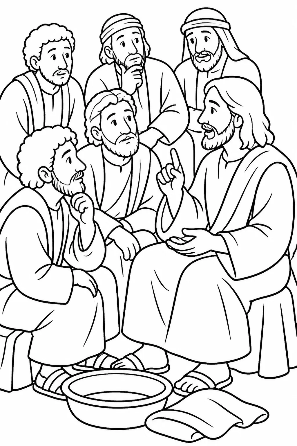 Jesus teaching the disciples after washing their feet, with a basin and towel in the foreground.