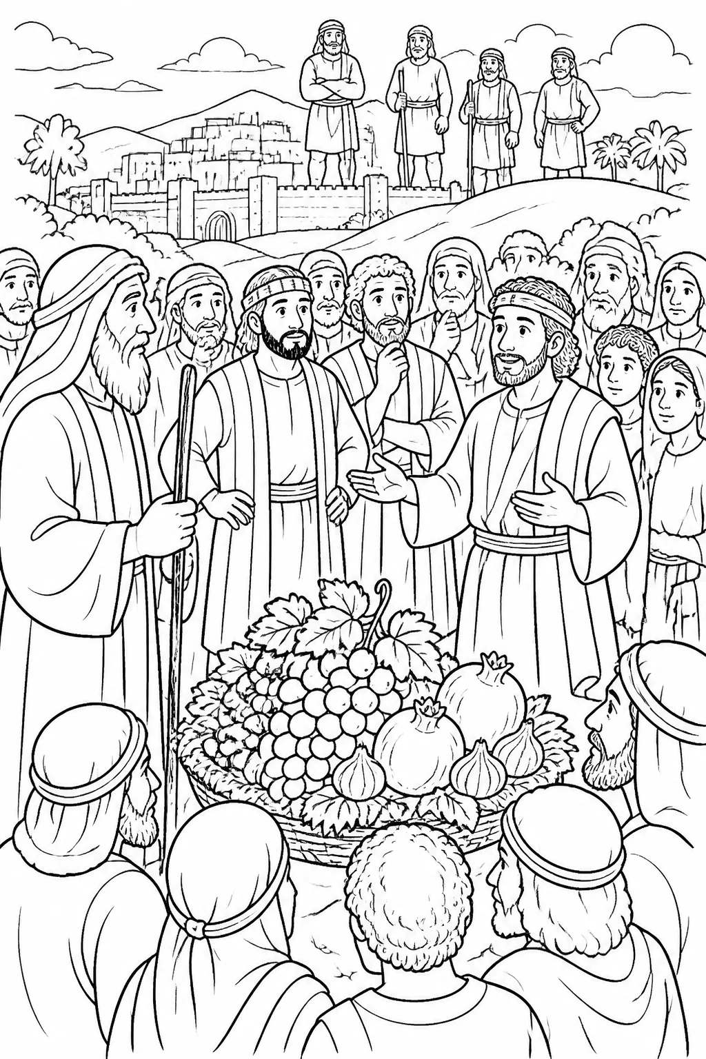 Moses, Joshua, Caleb, the other spies, and gathered Israelites hear a report about fruitful Canaan, with grapes, pomegranates, figs, and distant fortified cities.