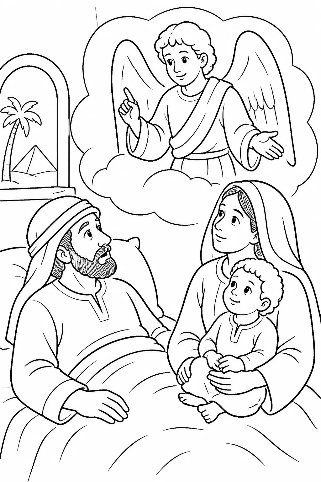 Joseph receives an angel’s message in a dream in Egypt to take Jesus and Mary back to Israel because those seeking the child’s life are dead.