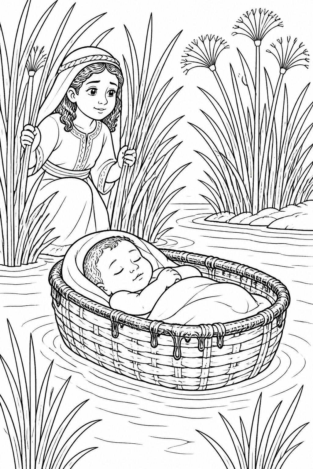 Moses Hidden in the Basket from The Baby Moses Bible coloring page