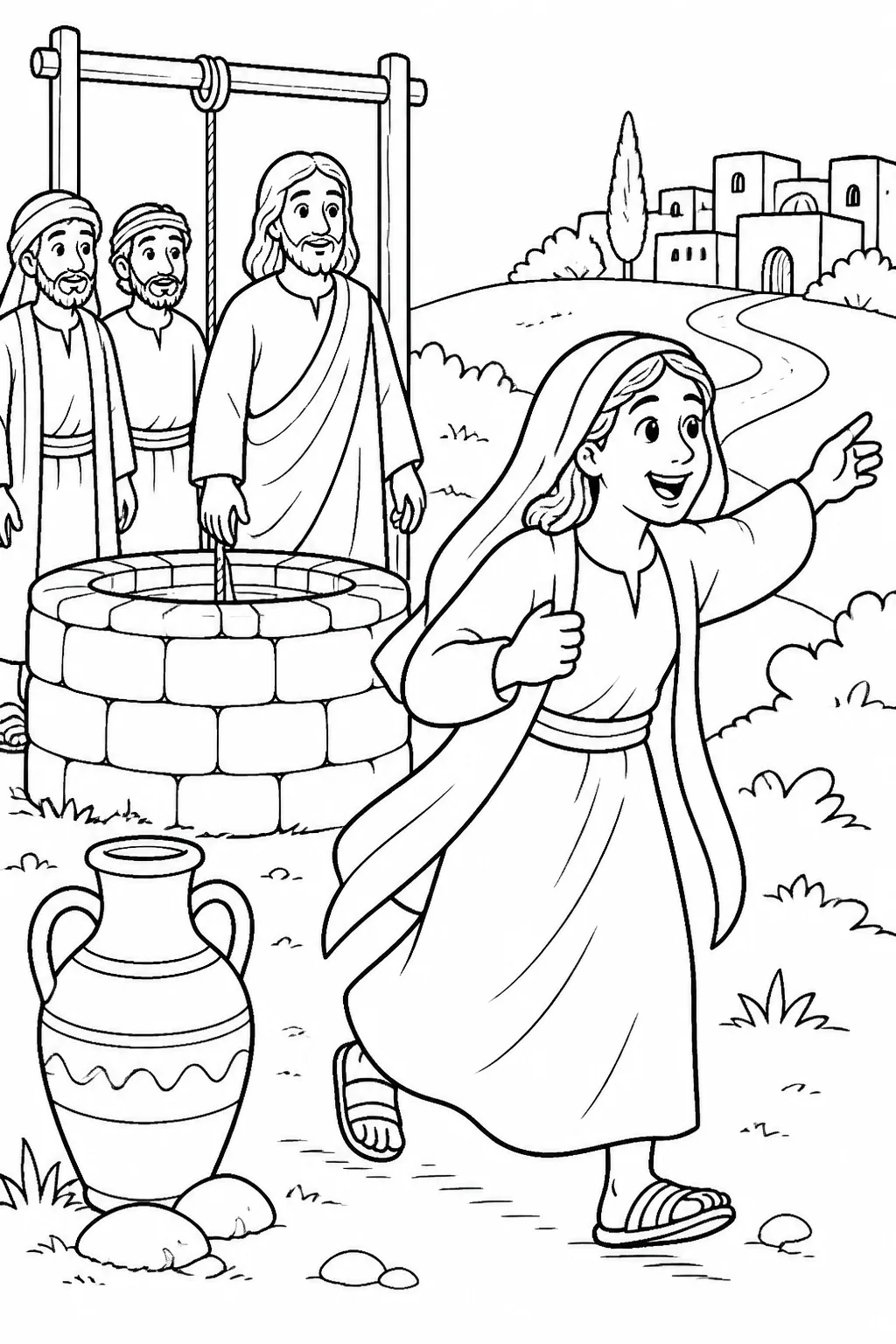 The Samaritan woman leaves her water jar at Jacob’s well and hurries toward the Samaritan city while Jesus and his disciples remain near the well.