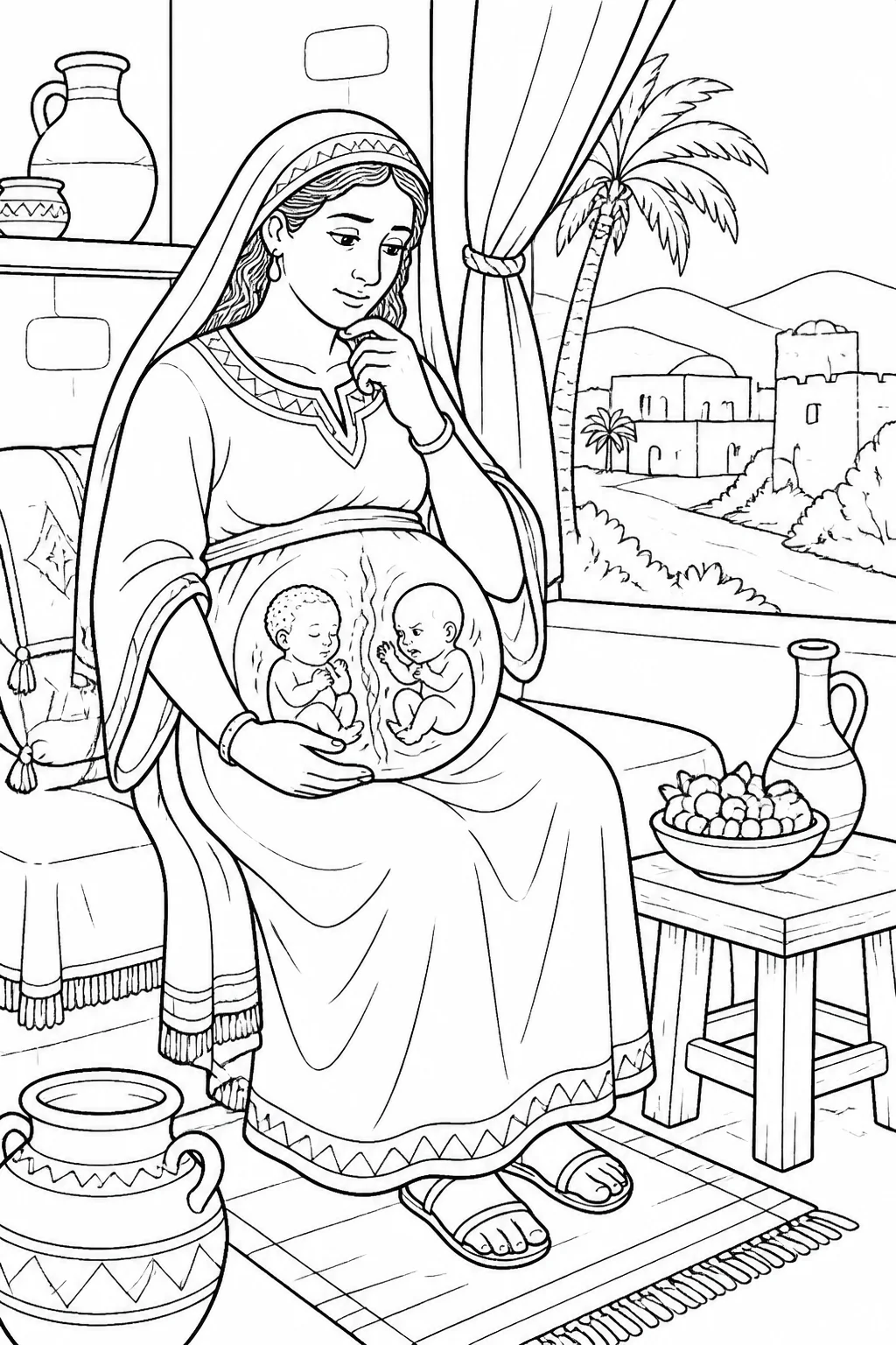 Rebekah thoughtfully during pregnancy, with simple symbolic imagery suggesting twins and no anatomical detail.