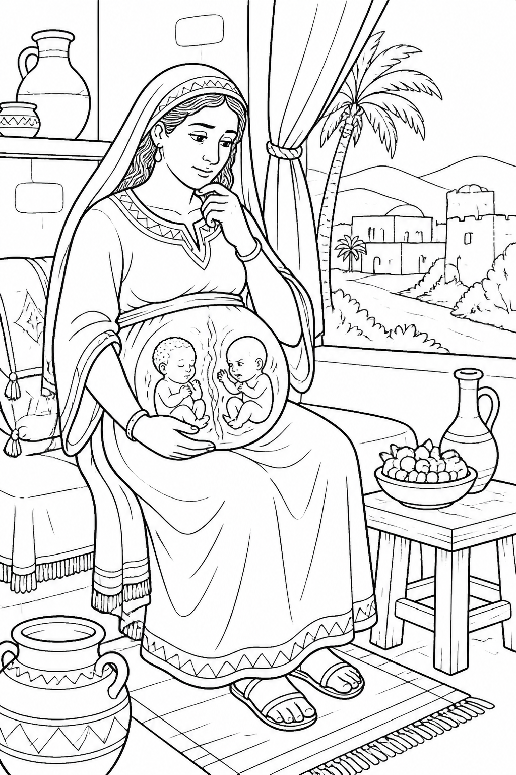 Rebekah and the Twins from Jacob and Esau Bible coloring page