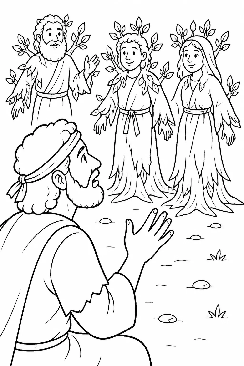 A blind man looks toward people who appear human but tree-like as his sight begins to return, illustrating Mark 8:24.