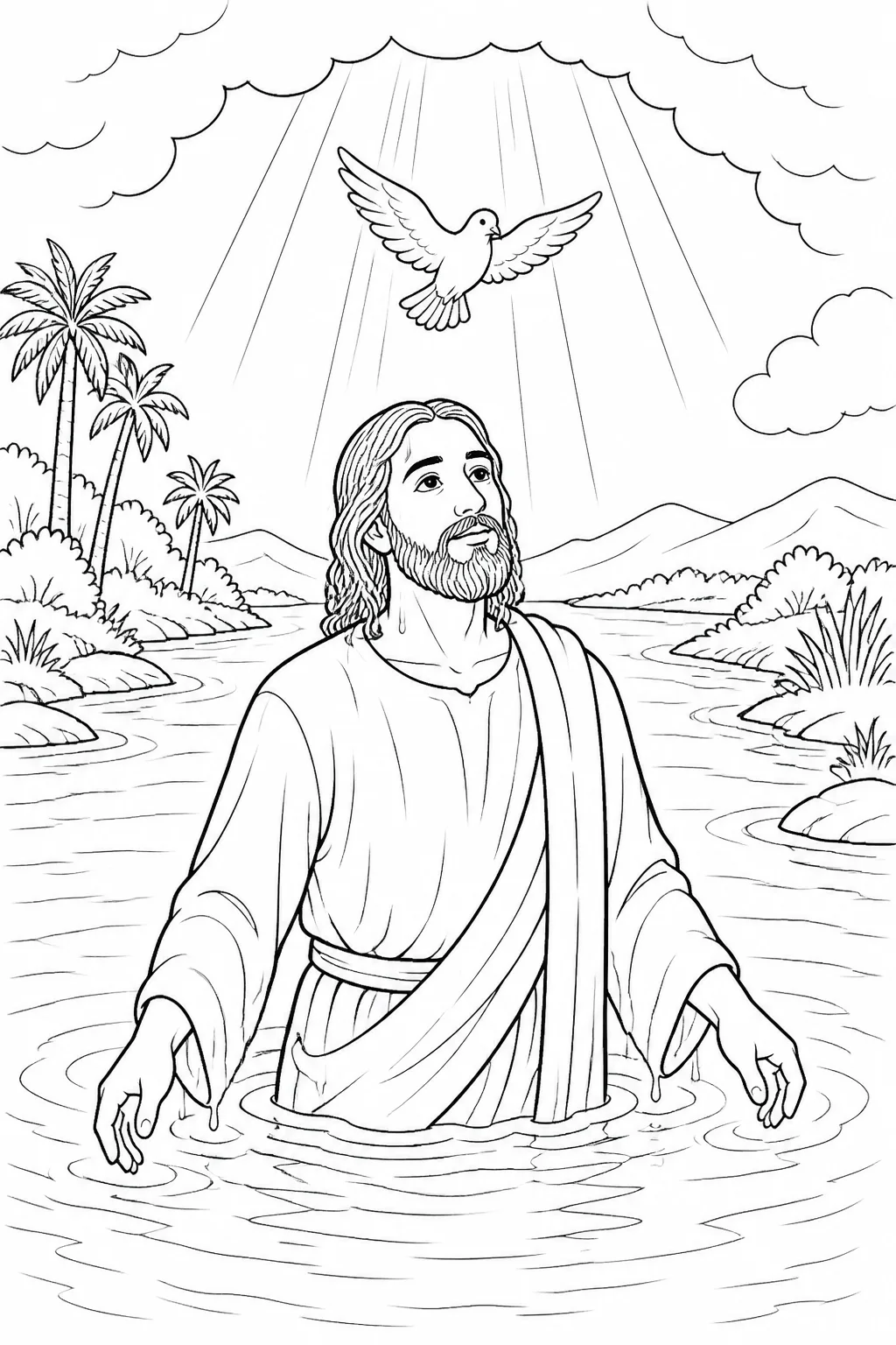 Jesus comes up from the water after being baptized; the heavens are opened, and the Spirit of God descends like a dove and rests on him.
