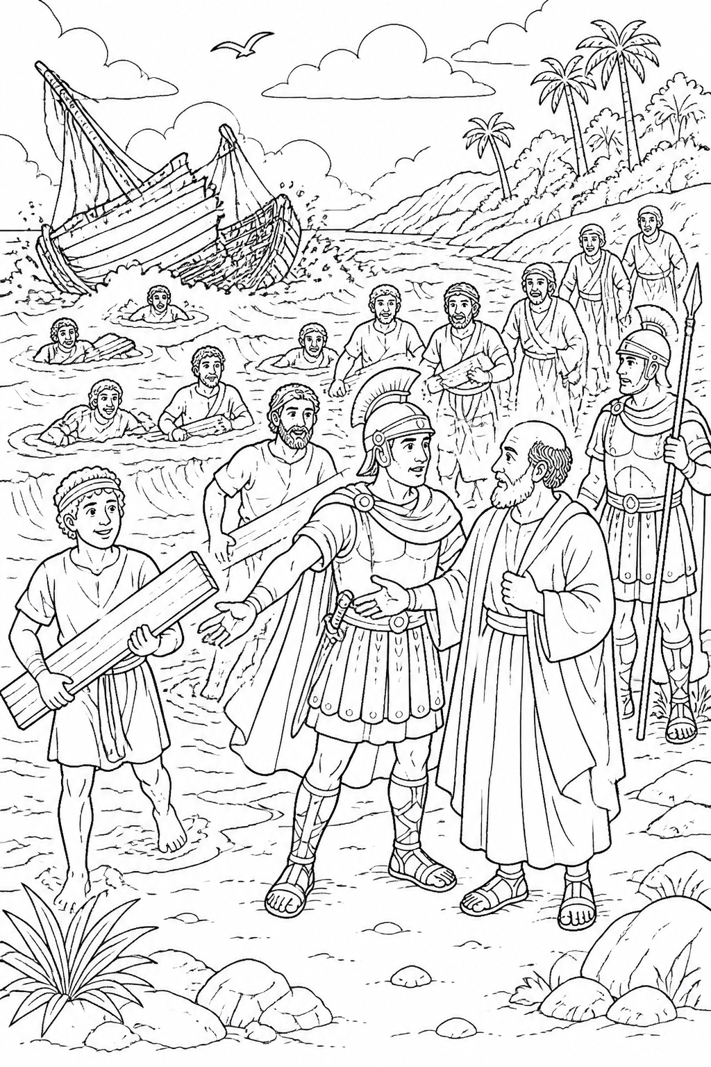 Everyone Reaches the Shore from Paul Survives a Shipwreck Bible coloring page