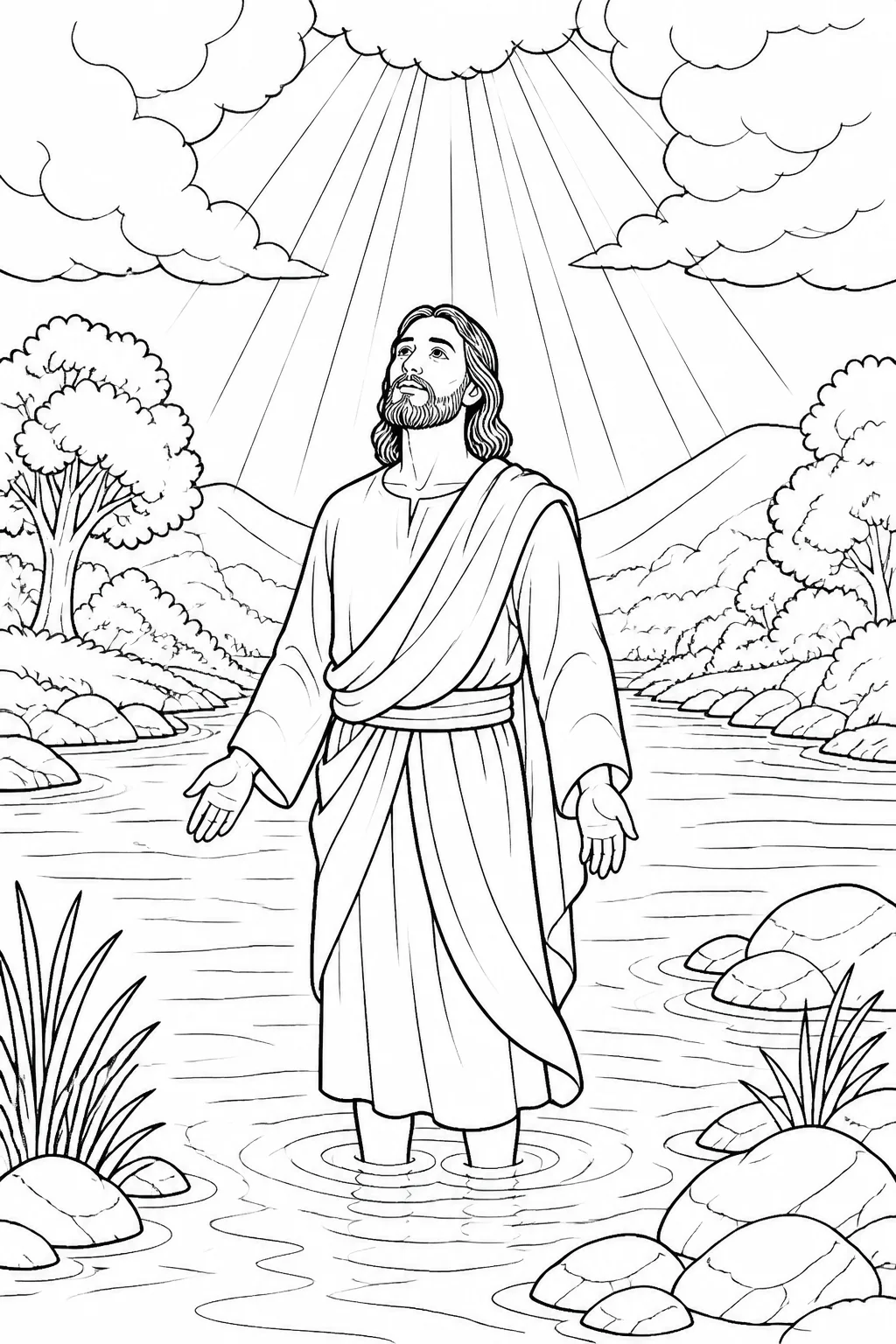Jesus at the Jordan River beneath opened heavens as a voice from heaven declares him God’s beloved Son and expresses God’s pleasure in him.