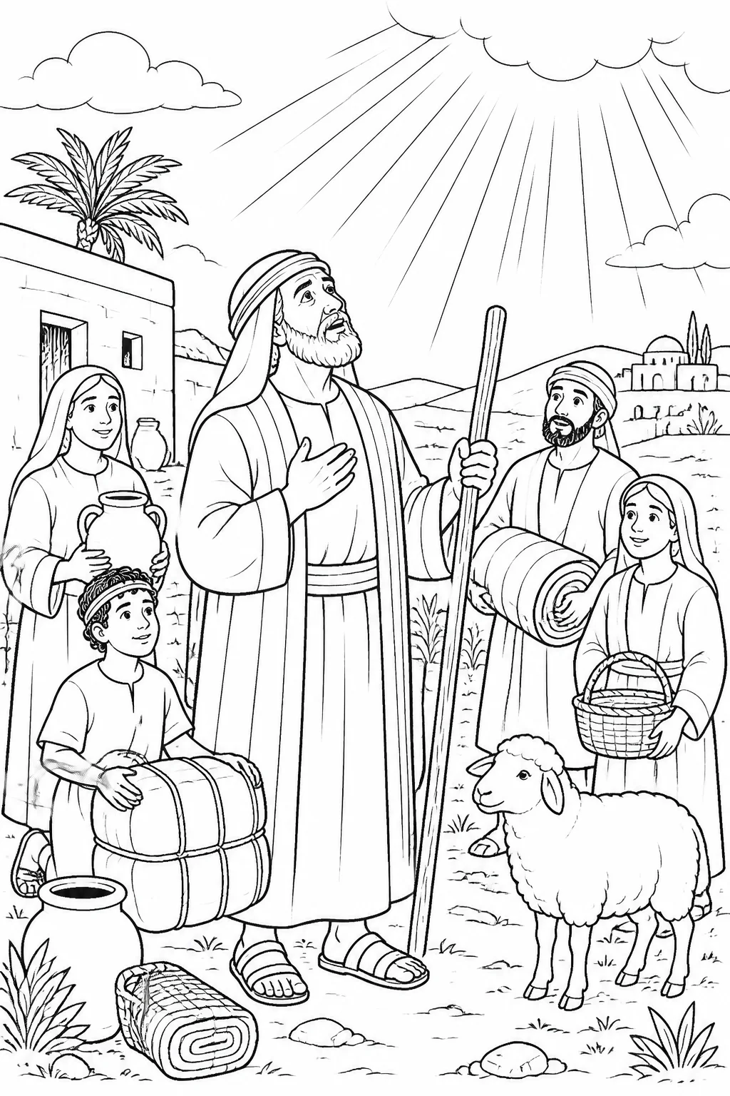 Abram listens near his homeland and household as a gentle radiant light represents the LORD’s presence and God’s call to leave familiar surroundings.