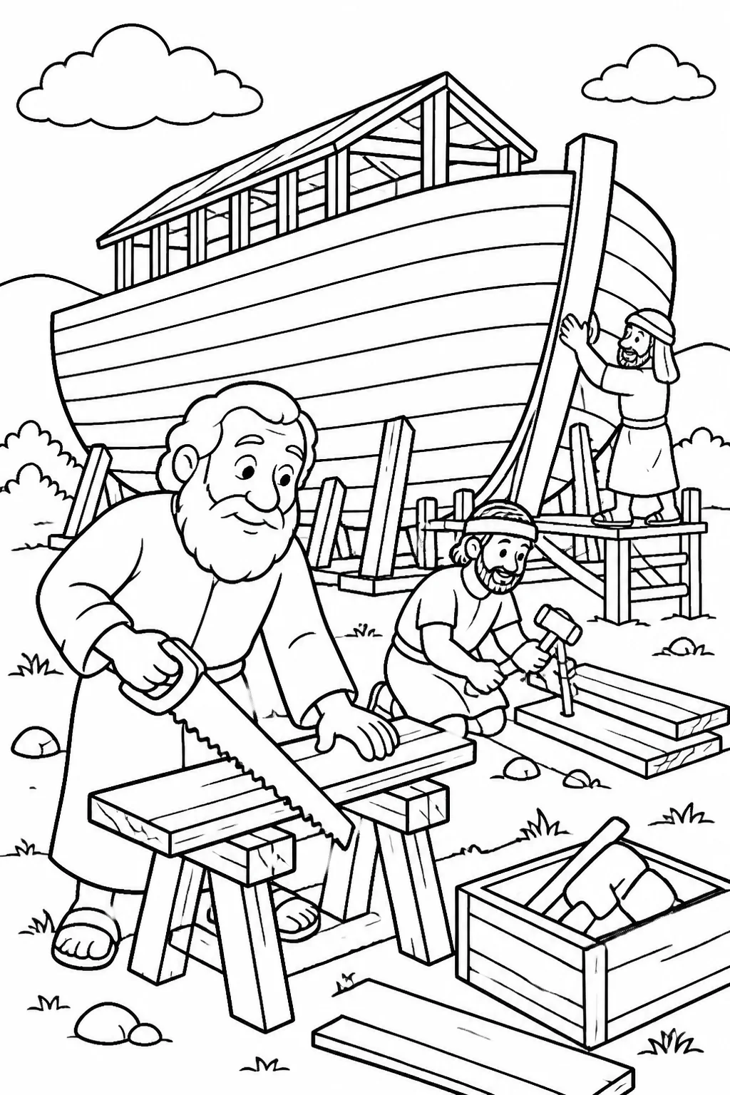 Noah Builds the Ark from Noah’s Ark Bible coloring page