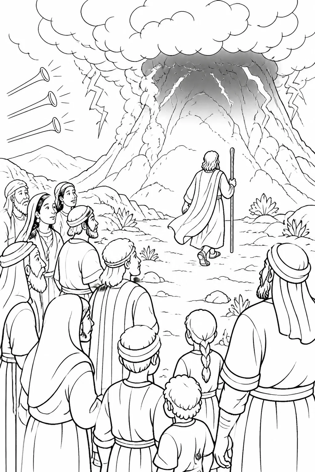 Moses approaches thick darkness over smoking Mount Sinai while the people of Israel stand at a distance, with thunder, lightning, and trumpet sound described in Exodus 20:18–21.