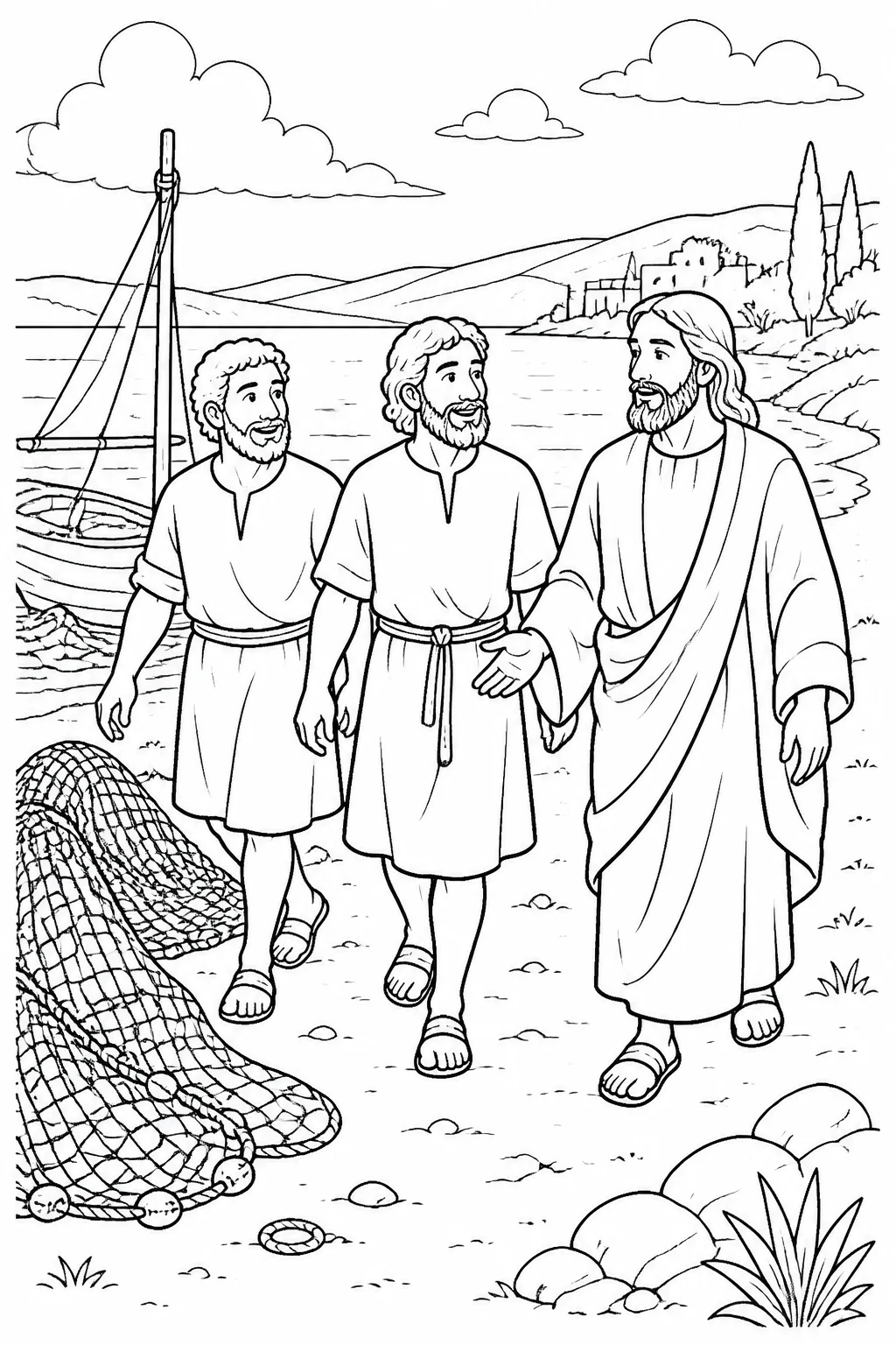 Jesus walking beside the Sea of Galilee with Simon Peter and Andrew after they leave their fishing net to follow him.