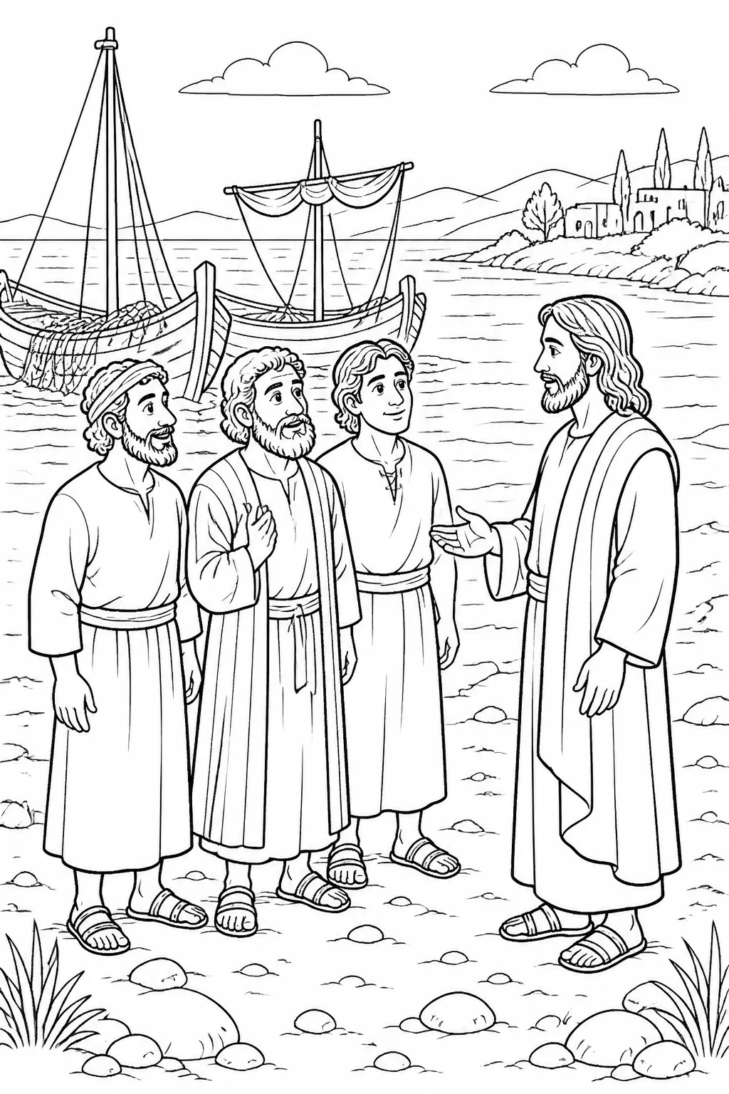 Jesus stands with Simon Peter, James, and John at the shore beside two boats after the great catch of fish, illustrating Luke 5:10–11.