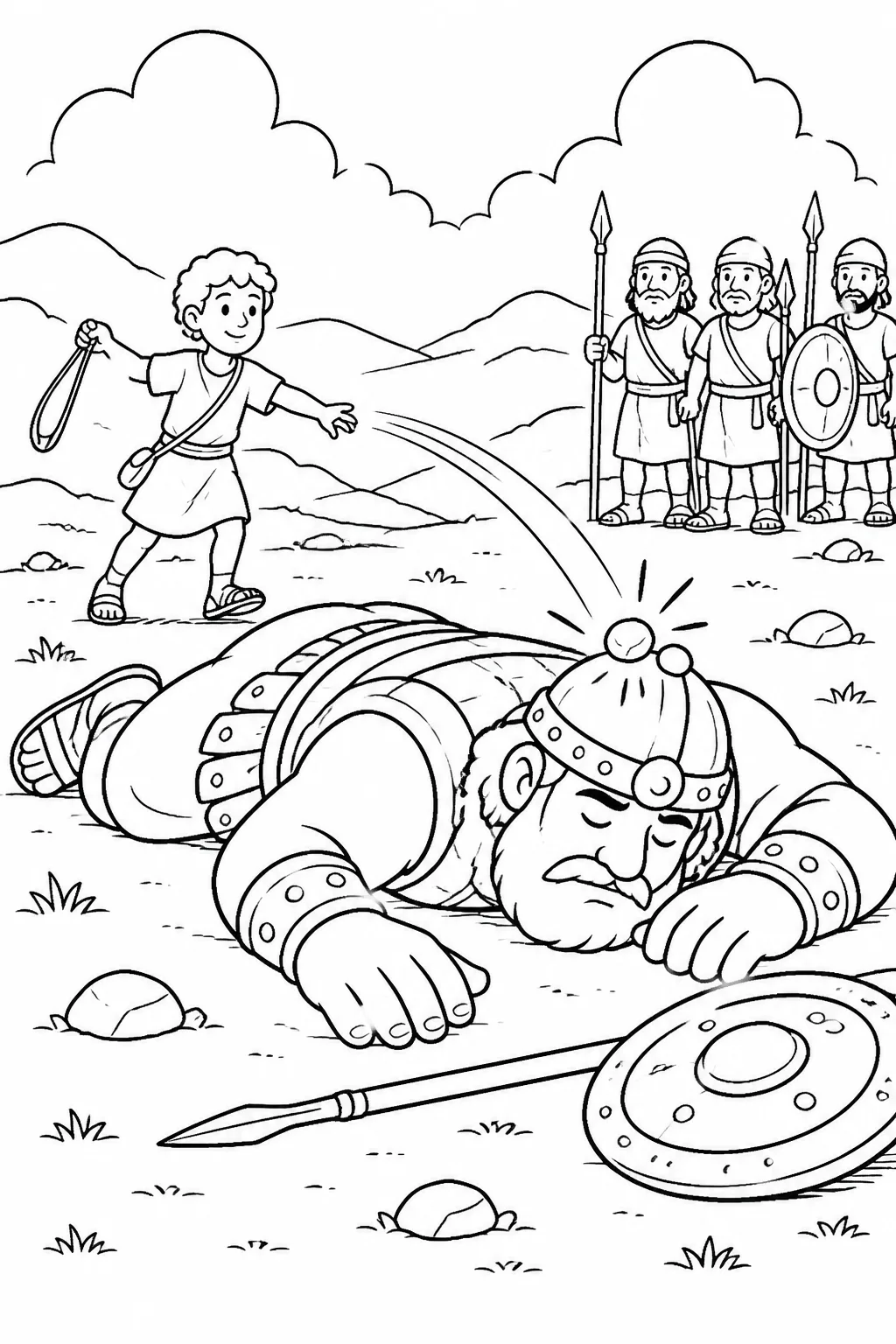 David runs toward Goliath on a battlefield with a sling as a stone strikes Goliath’s forehead and Goliath falls face down; the scene is non-graphic.
