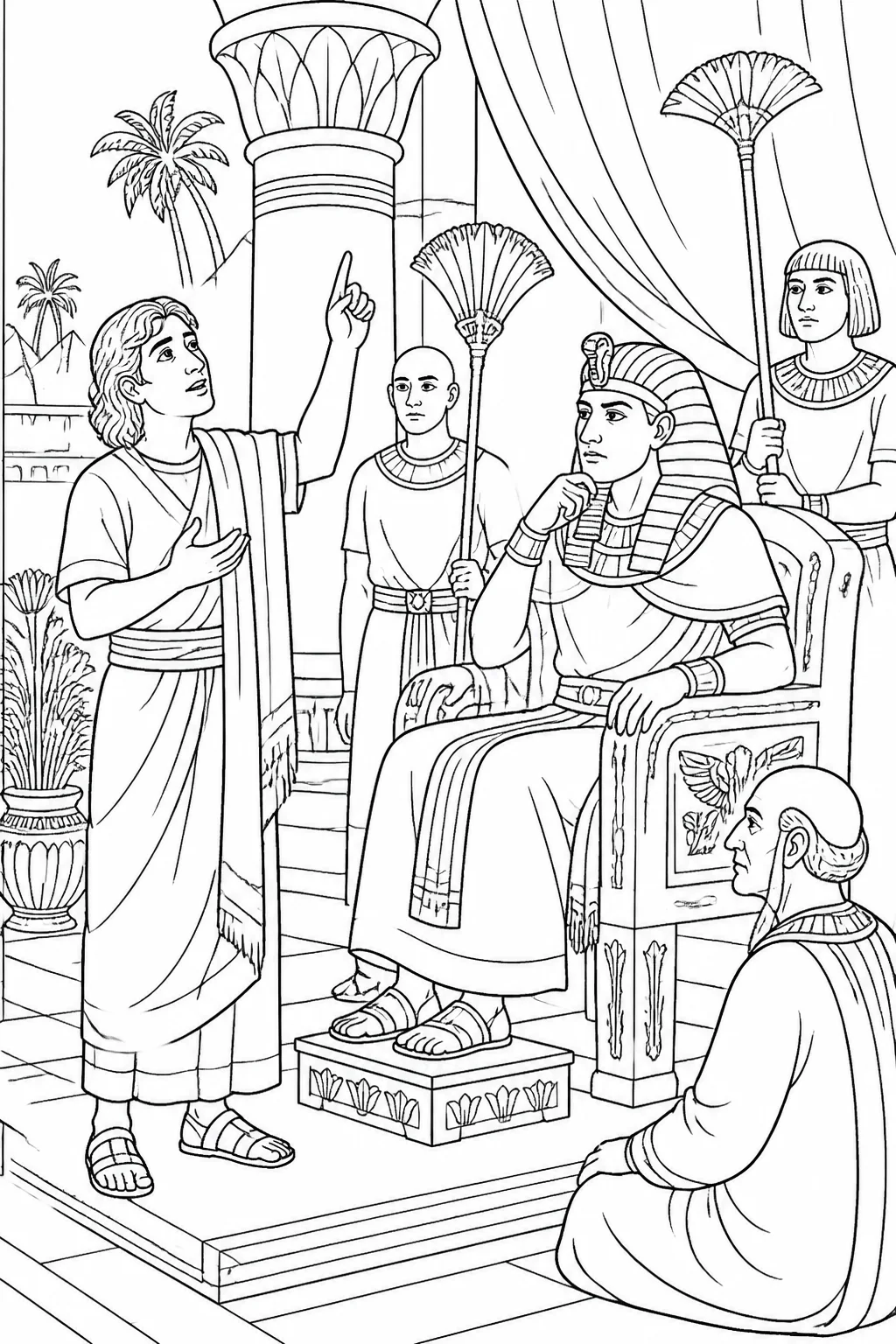 Joseph stands before Pharaoh in a palace, with servants nearby, respectfully indicating that God gives the answer to Pharaoh’s dreams.