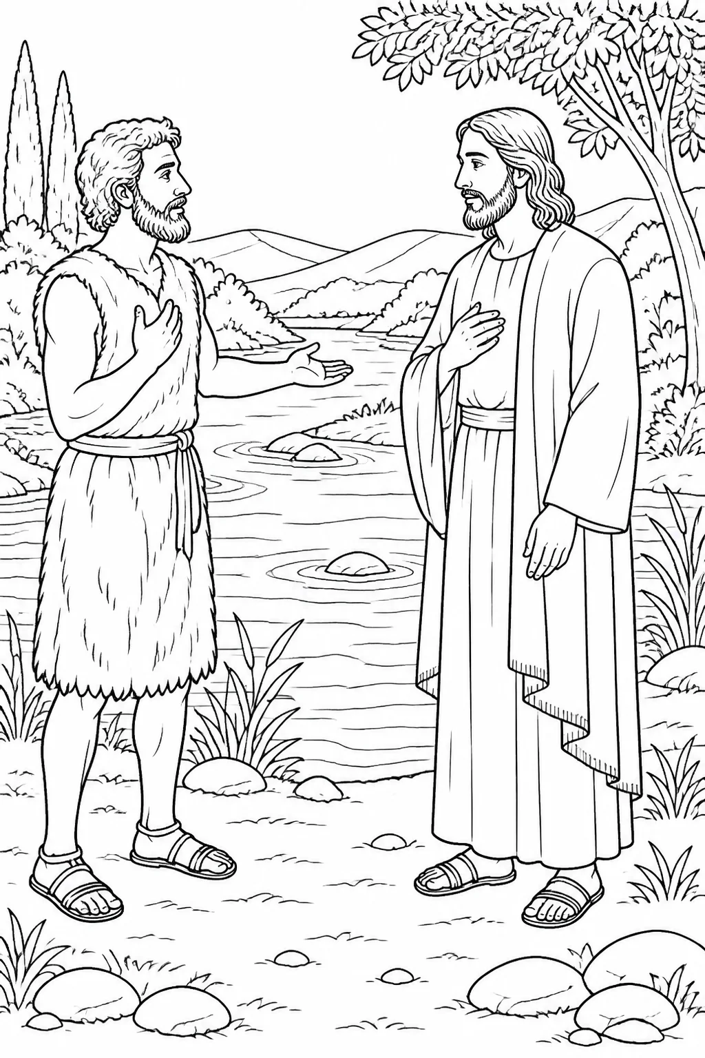 Jesus and John the Baptist having a respectful conversation beside the Jordan River before Jesus’ baptism.