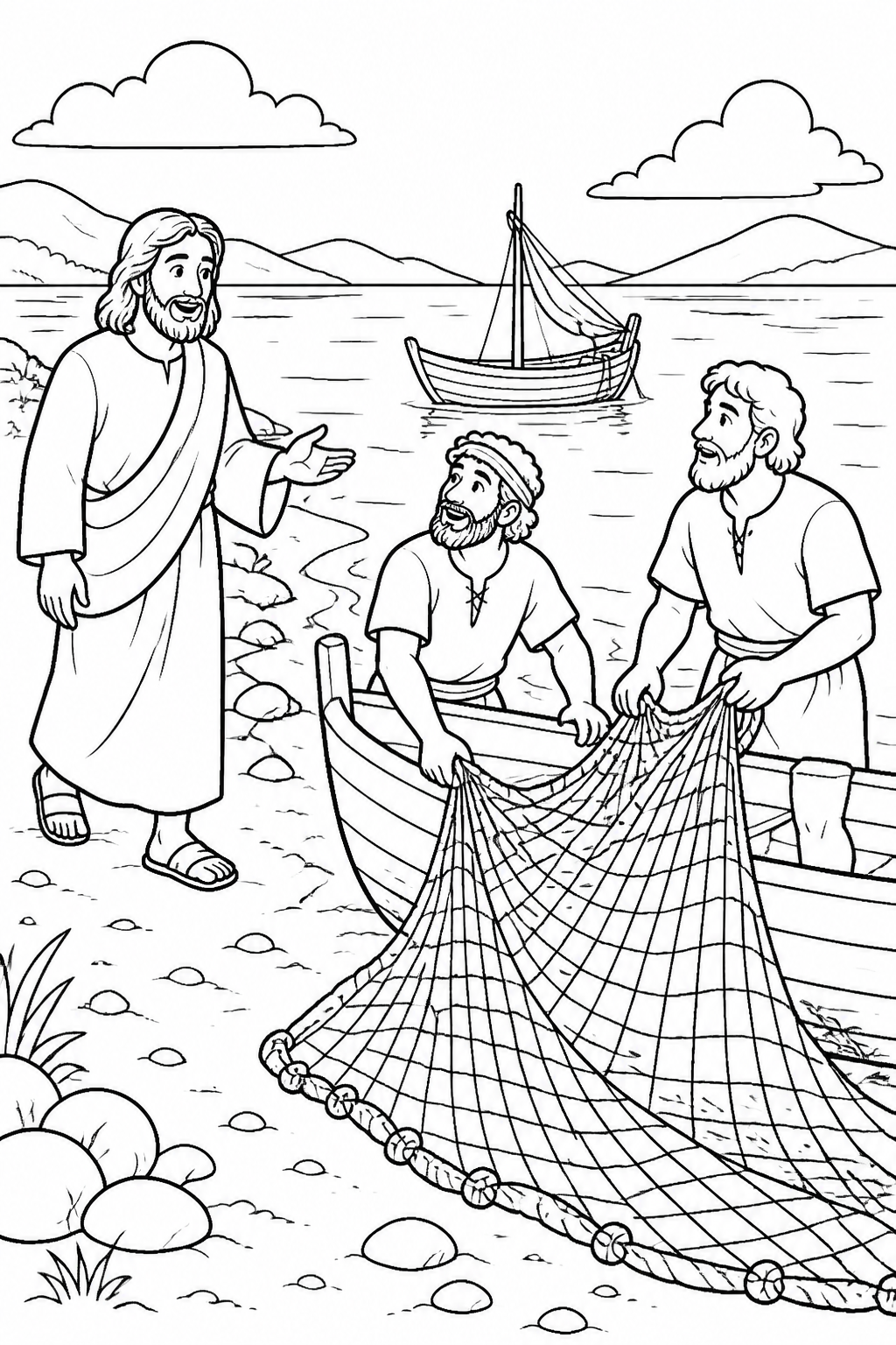 A Shoreline of Fishermen from Jesus Calls His First Disciples Bible coloring page