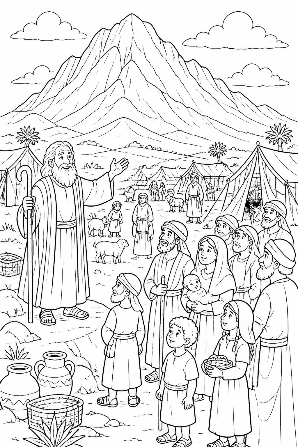 Moses and the people of Israel gathered at their camp in the Wilderness of Sinai before Mount Sinai.