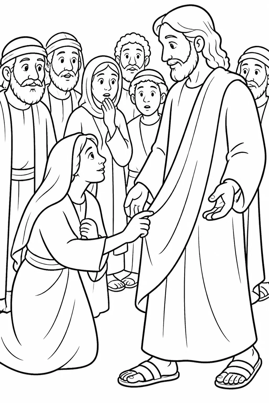 An illustration concept from Mark 5:25–34 showing an unnamed woman reaching to touch Jesus’ clothing within a crowd as Jesus turns to speak with her.