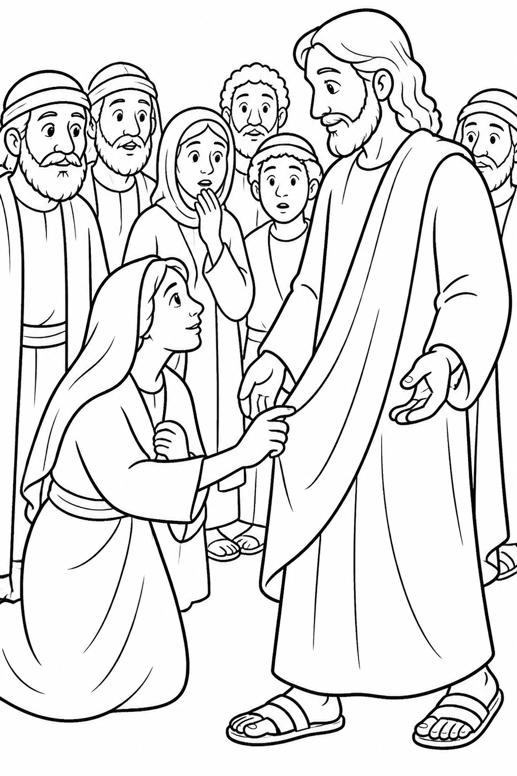 A Woman Touches Jesus’ Clothing from Jesus Raises Jairus’s Daughter Bible coloring page