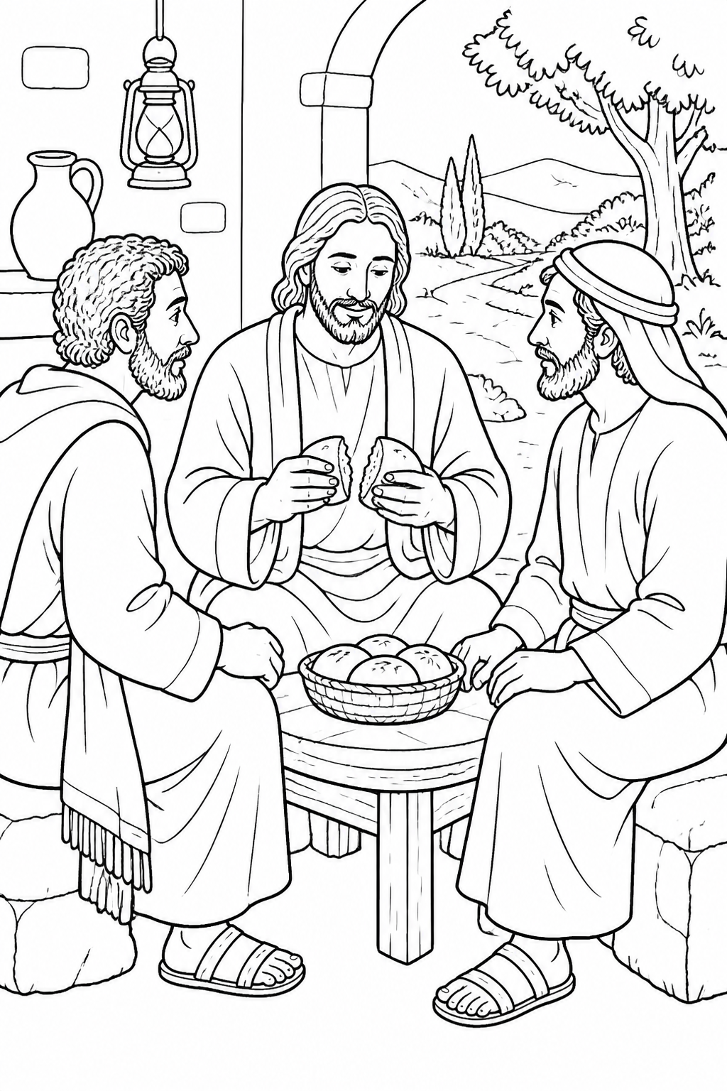 They Invite Jesus to Stay from Jesus on the Road to Emmaus Bible coloring page