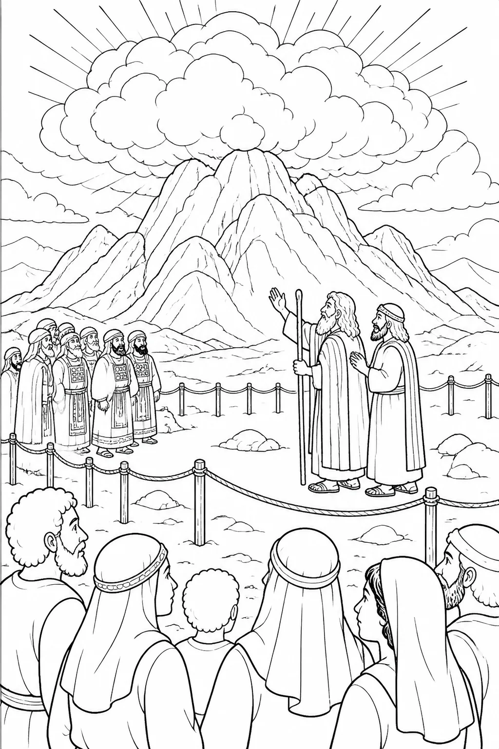 Moses and Aaron near the permitted approach to Mount Sinai while priests and the people of Israel remain behind a boundary, with God’s presence represented by the holy mountain, cloud, smoke, or darkness.