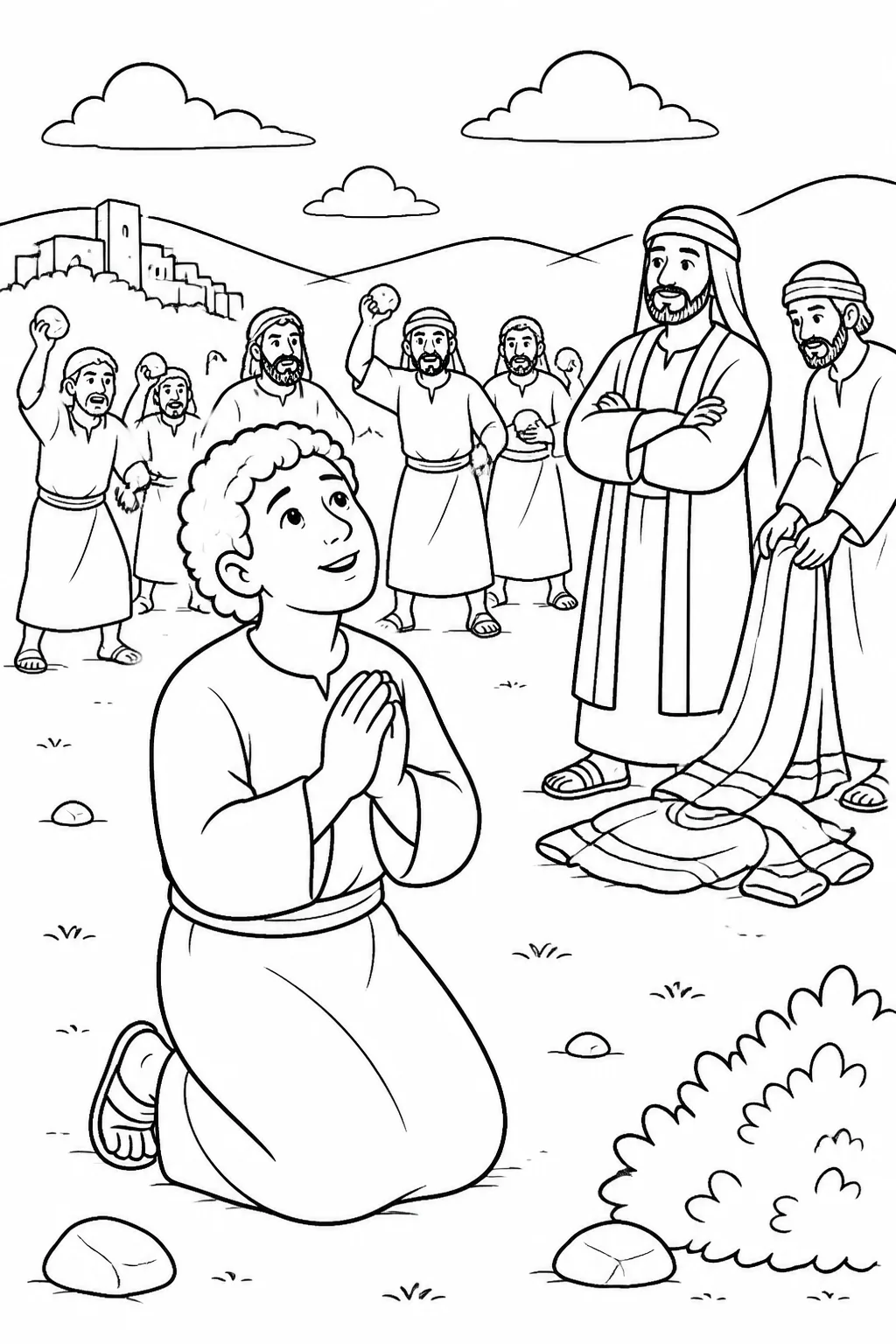 Stephen Prays and Forgives from Stephen’s Faithful Witness Bible coloring page