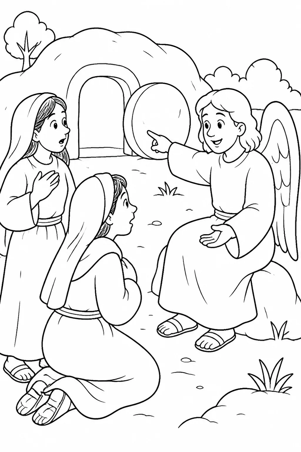 Mary Magdalene and the other Mary at Jesus’ open tomb as an angel announces that Jesus has risen and tells them to inform the disciples to go to Galilee.