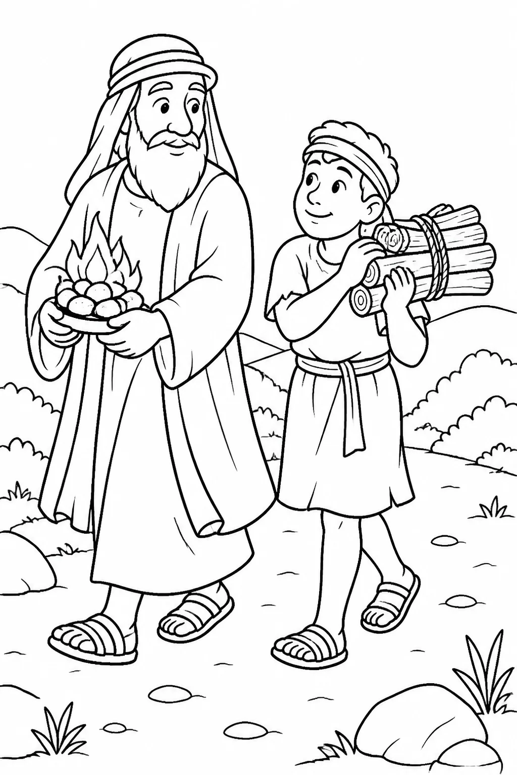 Abraham and Isaac walk together toward the place of offering; Isaac carries wood, Abraham carries fire and a knife, and Isaac asks about the offering.