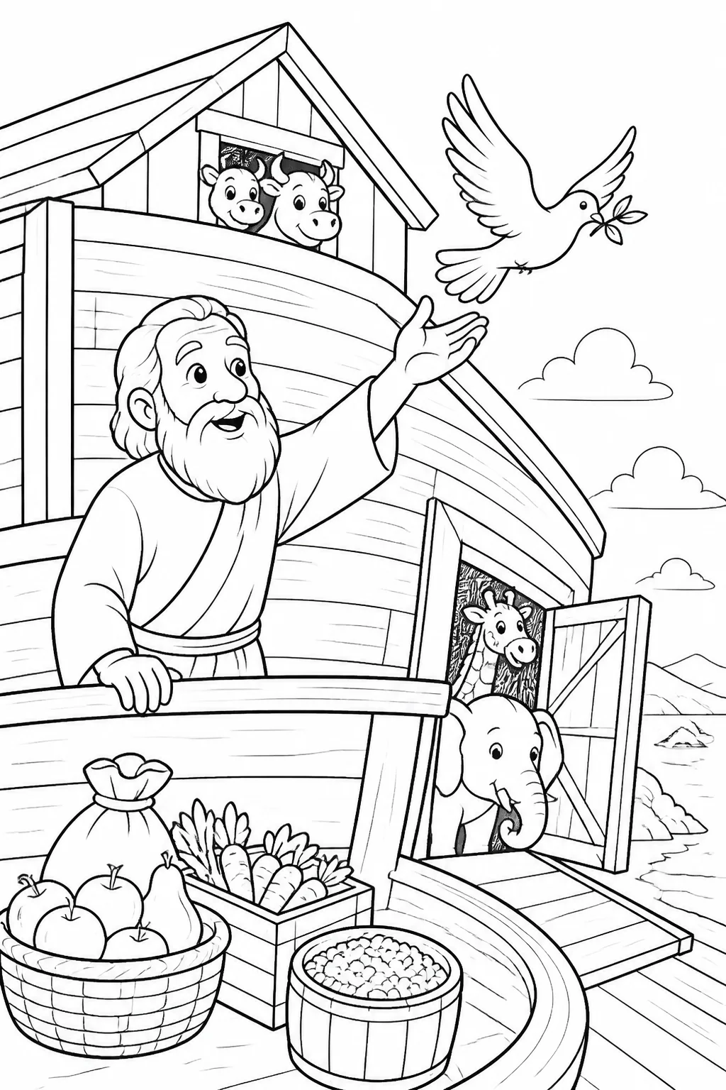 Noah sends out a dove from Noah’s Ark Bible coloring page