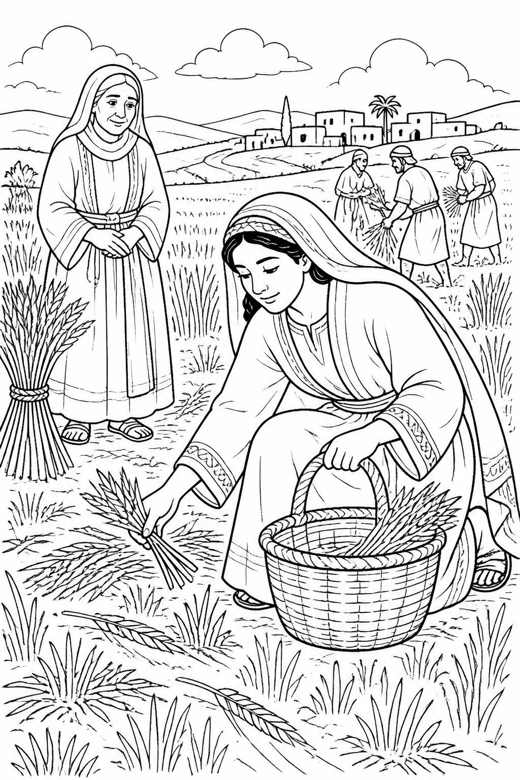 Ruth Gathers Leftover Grain from Ruth Gleans in Boaz’s Field Bible coloring page